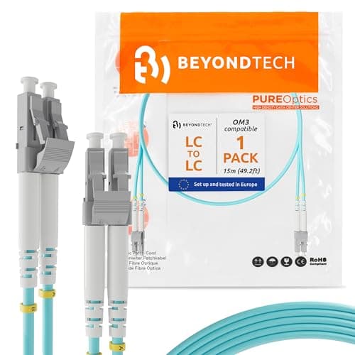 BEYONDTECH 15m (49.2ft) LC to LC Fiber Patch Cable – UPC Multimode Duplex Fiber Optic Cable – 50/125µm core, Compatible with OM3 – 10G LSZH PUREOptics Series