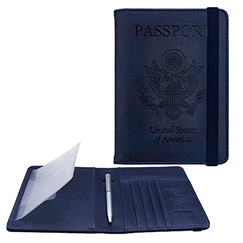 WALNEW Passport Holder for Travel, RFID Passport Cover Wallet for Women Men, PU Leather Passport Book Case with Pen Holder and Clear Photo Slot, Navy Blue