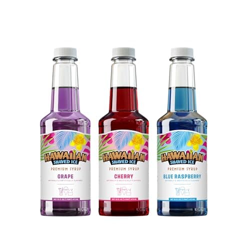 Hawaiian Shaved Ice Syrup Assortment, 3 - 16oz Bottles Of The Most Popular Flavors: Cherry, Grape, Blue Raspberry. Perfect For Shaved ice, Snow Cones, Sodas, Ice Pops, and Slushies. Allergy-friendly