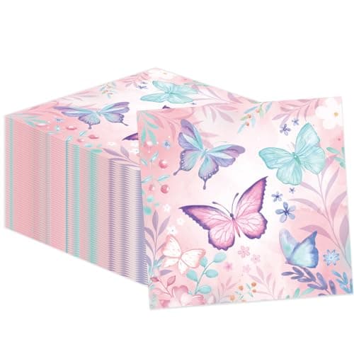 50 Pcs Butterfly Napkins 13 x 13 Inches Butterfly Birthday Paper Napkins Butterfly Theme Supplies Disposable Cocktail Napkinsfor Kids Girl Birthday Party Decorations Butterfly