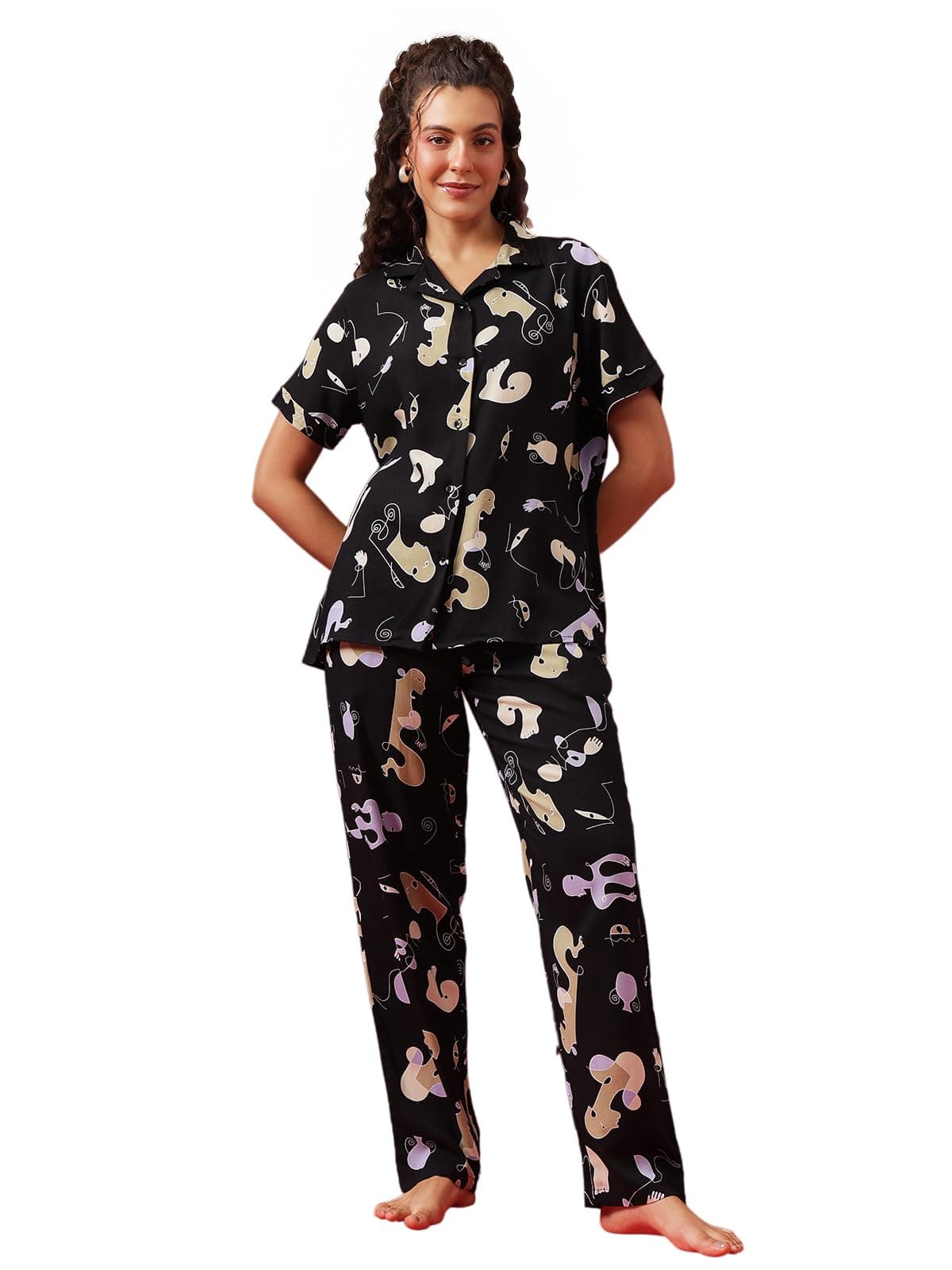 Clovia Women's Crepe Printed Button Down Shirt & Pyjama Set (LS0385M13_Black_XXL)