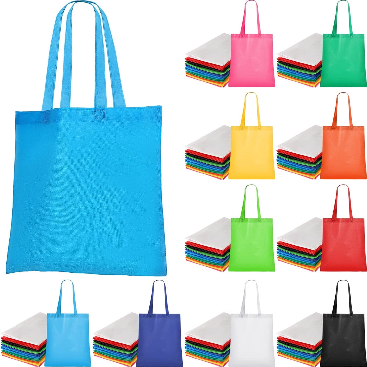 Jexine 50 Pack Non Woven Bags with Handles 13 x 15 Inch Reusable Tote Bulk Grocery Gift Bags for Shopping Birthday Party Bright Color