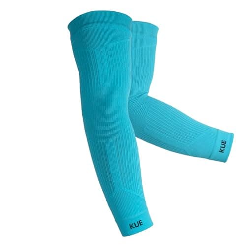 KUE Compression Arm Sleeves for Men & Women | Sports Arm Sleeves for Running, Cricket & Cycling | UV Protection Cooling Sleeves | Arm Compression Sleeve for Joint Pain Relief (Blue, S/M, 1 Pair)