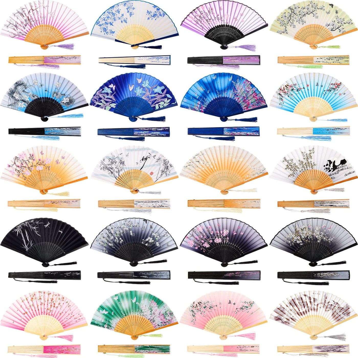 Yulejo 20 Pcs Floral Hand Fans for Line Dancing Chinese Vintage Style Folding Fan with Silk Fabric and Elegant Tassel for Women Wedding Party