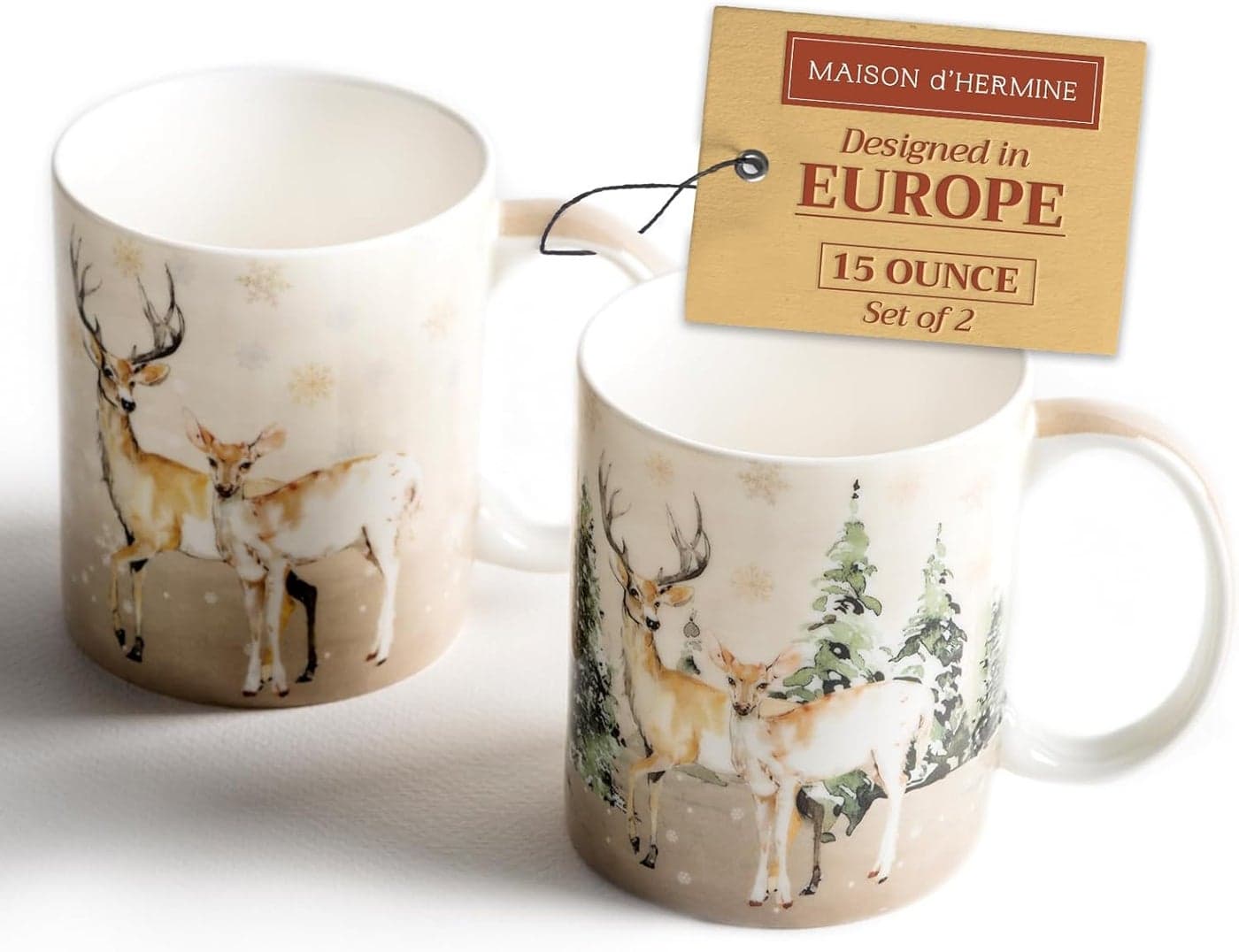Maison d Hermine Coffee Mug with Handles Fine Bone China Mugs Pack of Two Tea Cups for Hot Beverages Cappuccino Latte Home Restaurant Office Perfect for Gift Deer In The Woods 15 Ounce