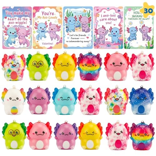 AUUGUU 30 Valentines Day Cards with Axolotl Squishy Toys Cute Pun Valentine Cards for Kids School Classroom Exchange Kawaii Axolotl Stress Relief Toys for Boys Girls