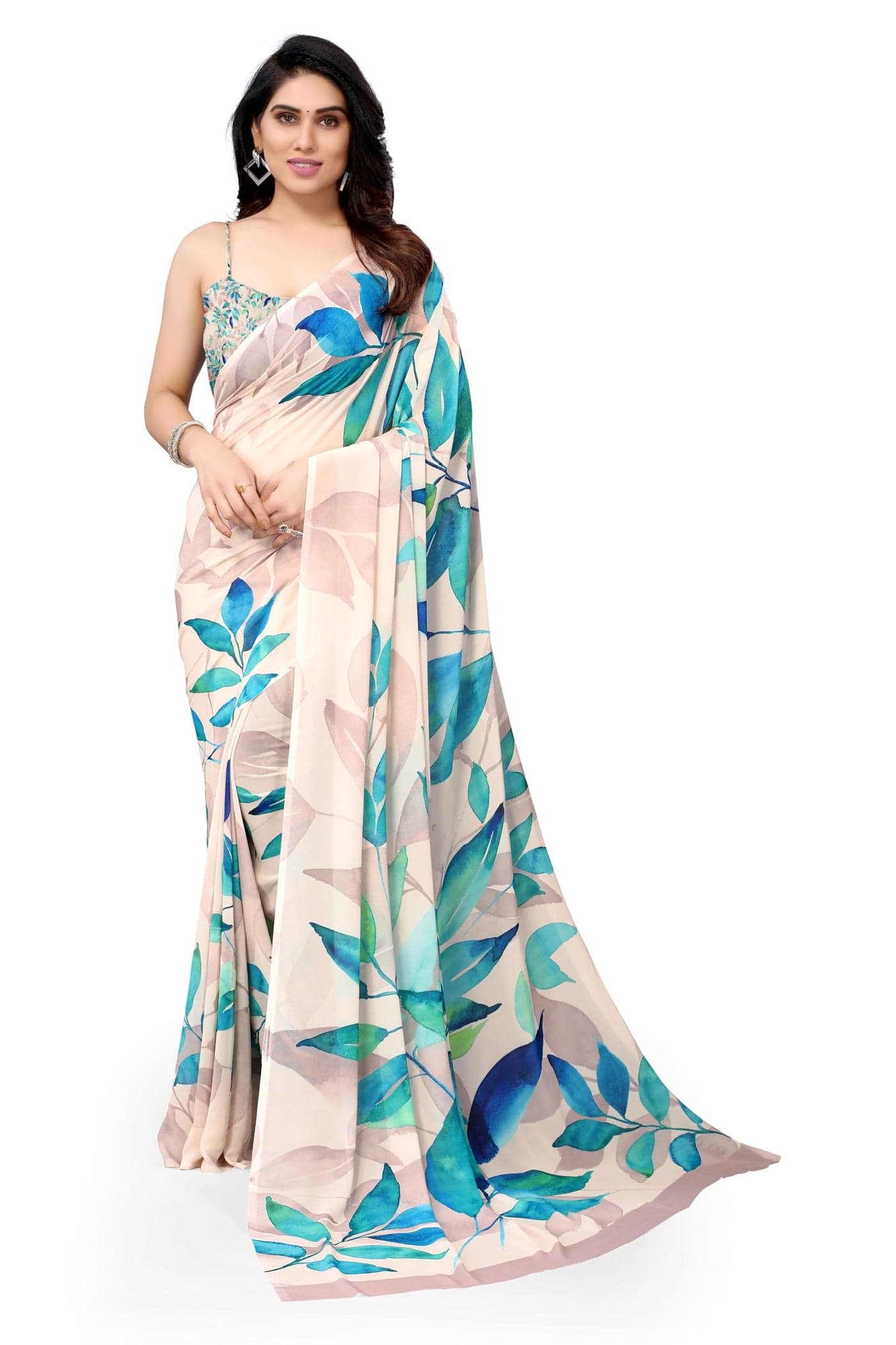 MIRCHI FASHION Women's Ready to Wear 1 Min Drape Georgette Leaf Pattern Digital Printed Saree with Blouse Piece (49304 - Cream, Blue, Green)