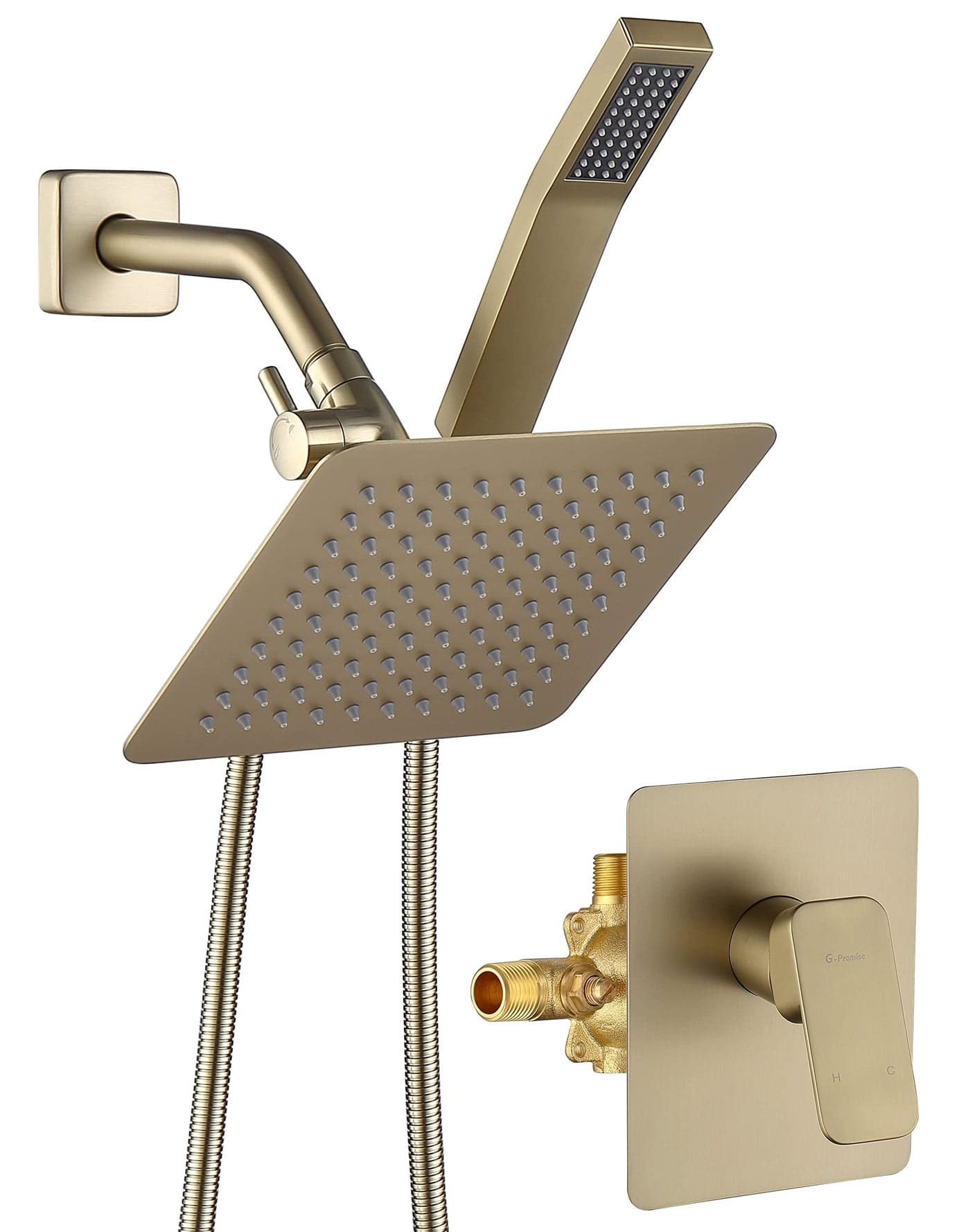 All Metal Shower Faucet Set, Dual Square Shower Head System with Handheld Wand, Diverter, Hose Complete Combo, Pressure Balance Rough-in Valve Included (Brushed Gold)