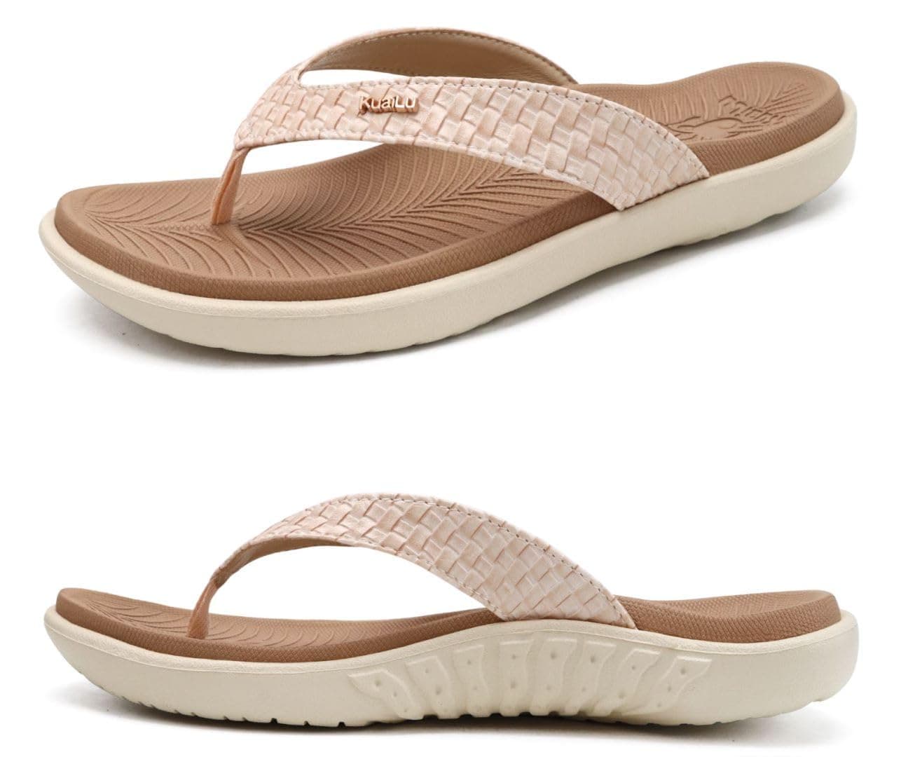 KuaiLu Flip Flops for Women Ladies Yoga Mat Comfortable Sport Walking Thong Sandal With Plantar Fasciitis Arch Support Slip-on Slides Indoor Outdoor For Summer Size 7 Beige White