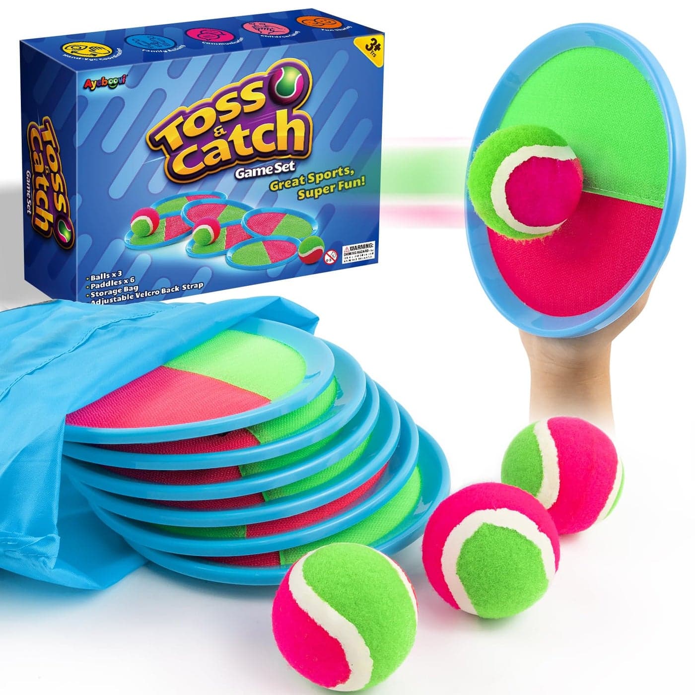 Ayeboovi Kids Toys Toss and Catch Ball Set with 6 Paddles 3 Balls Outdoor Games for Kids Beach Pool Yard Games Toys for 3-12 Years Old Boys Girls Kids Adults Family Birthday Valentine Easter Gifts