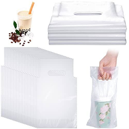 200 Pcs Drink Carriers for Delivery Clear Plastic Bags with Handle for Drink Poly Packaging Bags Take Out Cup Beverage Holder Bar Restaurant Coffee Shop Supplies, 16 x 24 cm