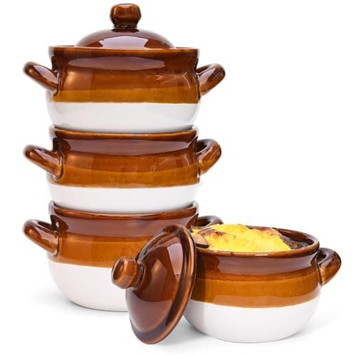 Vumdua French Onion Soup Bowls with Lids and Handles, 16 oz Ceramic French Onion Soup Crocks for Chilli, Cereal, Cereal, Pot Pies, Oven, Broil & Dishwasher Safe, Set of 4