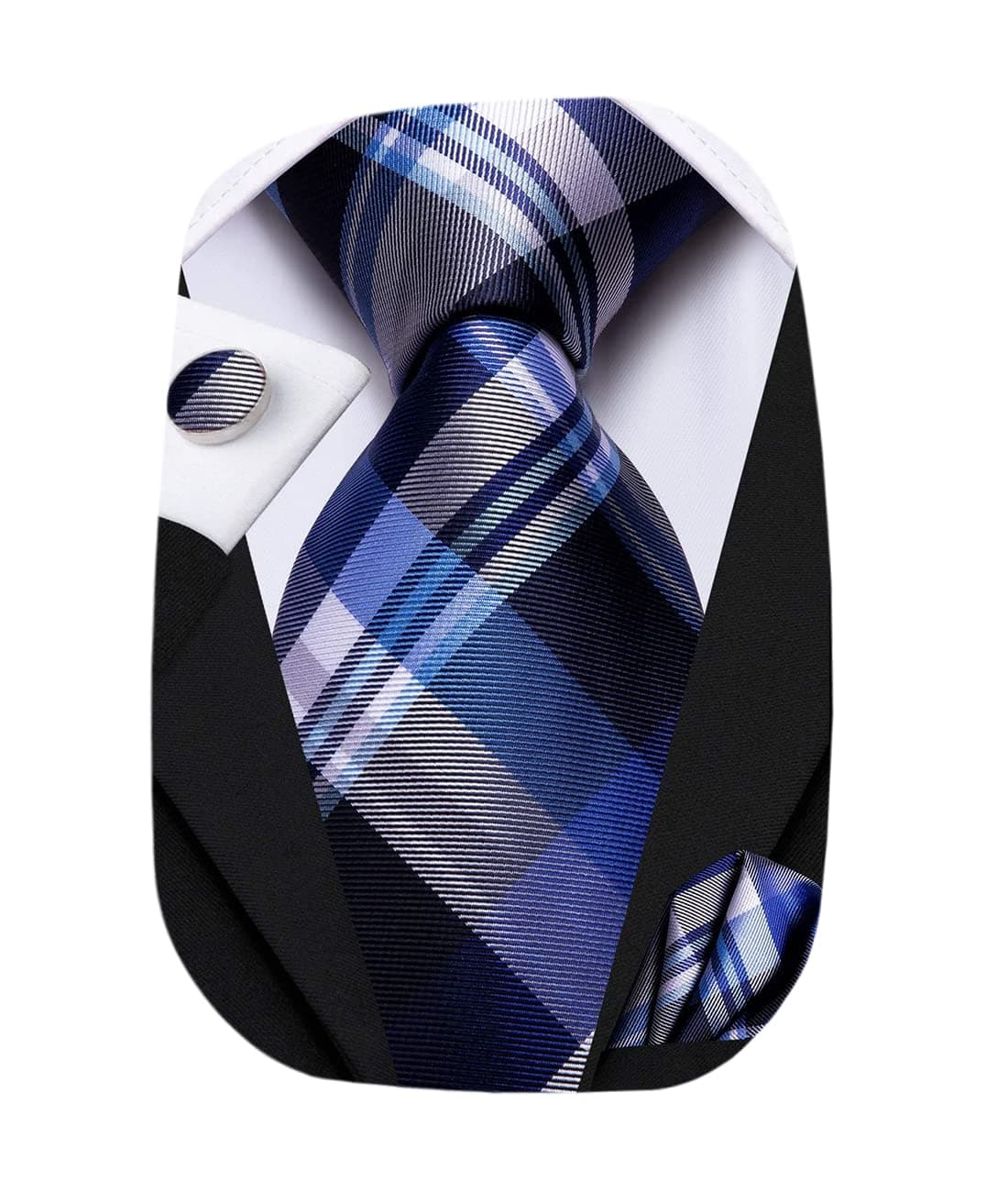 Hi-Tie Mens Plaid Ties Classic Paisley Necktie with Handkerchief Cufflinks Set Business Stripe Tie,Blue Grey