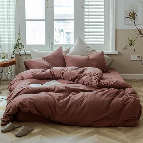 AMWAN Brick Red Duvet Cover King Knitted Cotton Solid Color Bedding Set Simple Style Jersey Knit Cotton Comforter Cover Solid Brick Red Bedding Collection 1 Duvet Cover with 2 Pillowcases King