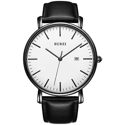 BUREI Men Watches Fashion Minimalist Waterproof Leather Watches for Men Women Student,White Black.