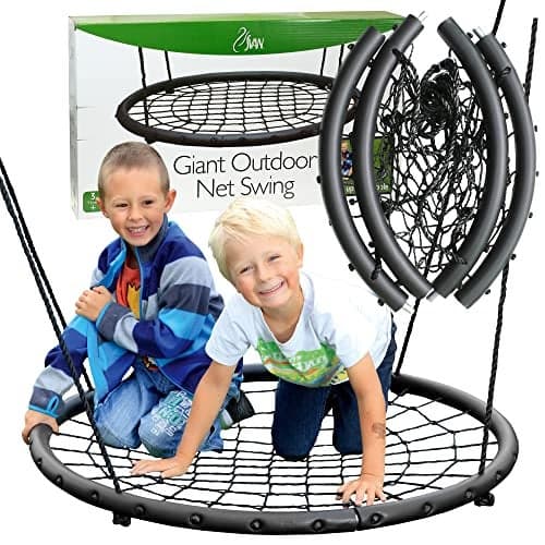 Tree Net Swing w Hanging Rope and Rings Giant 40 Wide Two Person Indoor Outdoor Spider Web Swingset Great for Backyard Playground Kids Playroom Safe Durable Ultimate Spring Gift for Girls Boys