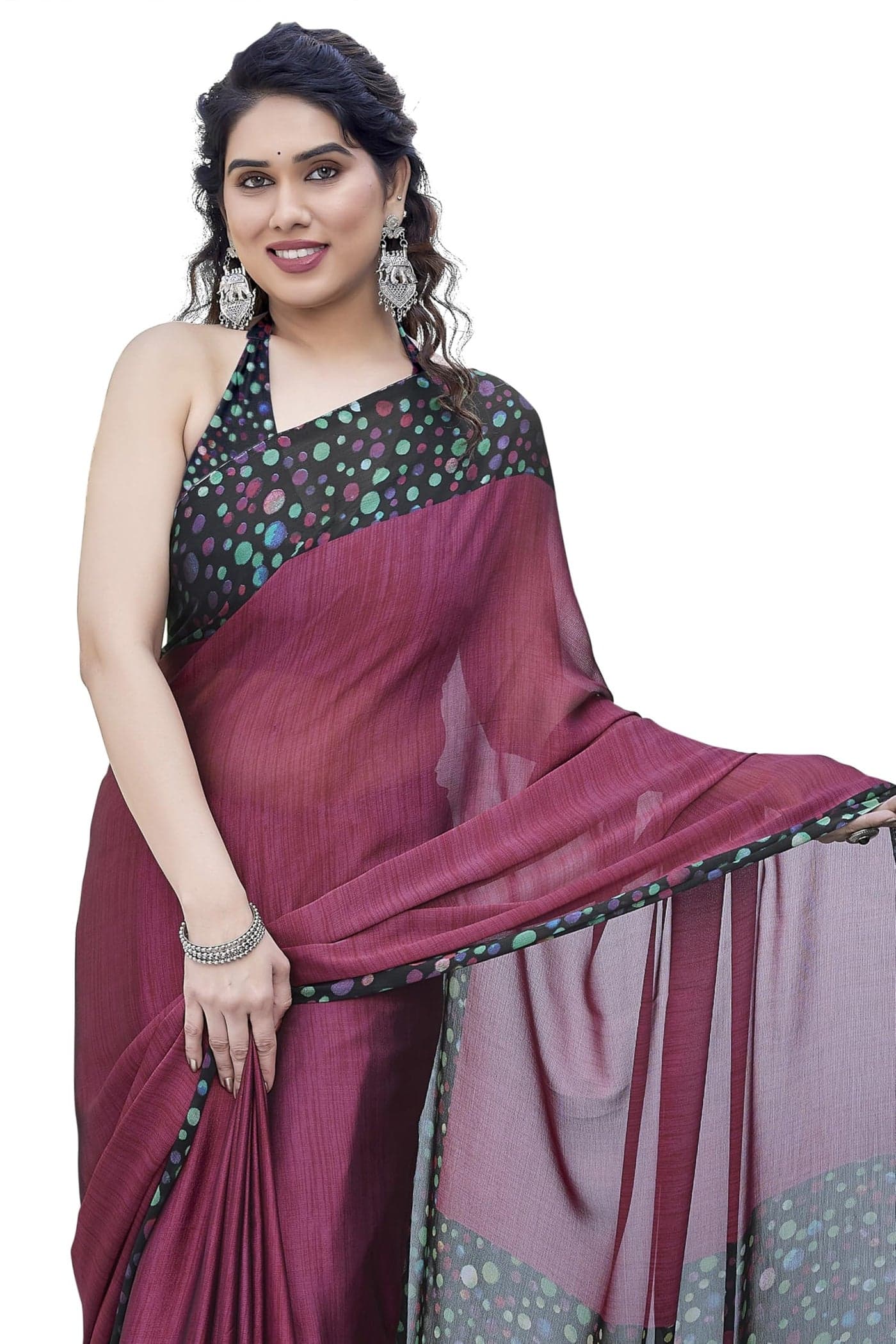 MIRCHI FASHION Chiffon Georgette Polka Dot Border Pallu Printed Solid Sarees for Women with Blouse Piece (44034 - Dark Magenta, Black, Multicolor)