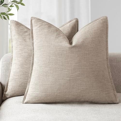 Foindtower Set of 2 Decorative Linen Soild Throw Pillow Covers Soft Accent Cushion Euro Case Boho Farmhouse Pillowcase for Chair Couch Sofa Bedroom Living Room Home Decor 18 x 18 Inch Natural Linen