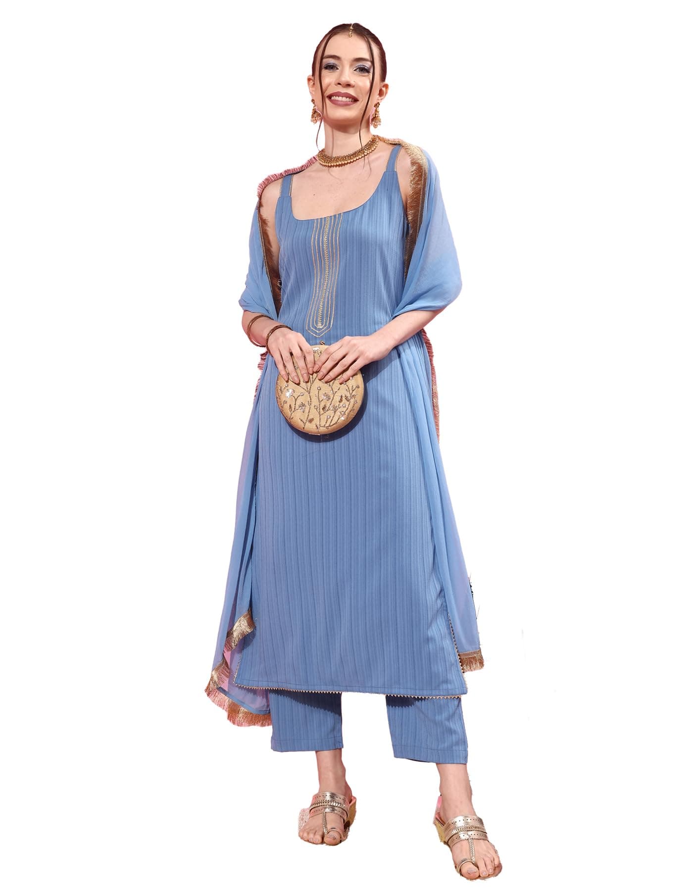 Varanga Women Blue Spaghetti Strap Straight Kurta with Tonal Bottom & Dupatta – Lace & Gotta Detailing on Yoke for a Stylish and Comfortable Look.