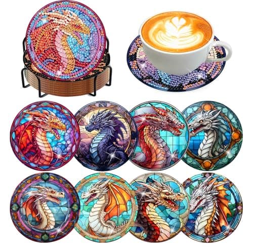 Meothan 8 Pcs Diamond Art Coasters Kits for Adults with Holder Cork Pads Dragon Diamond Dots Art Painting Coasters Crafts Kit for Home Office Decor Stained Glass Style