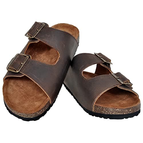Hx London Genuine Waxy Leather Dark Brown Slipon Adjustable Sandals for All Day & Ethnic Wear | Genuine Cork Sandal for men | Size - 7