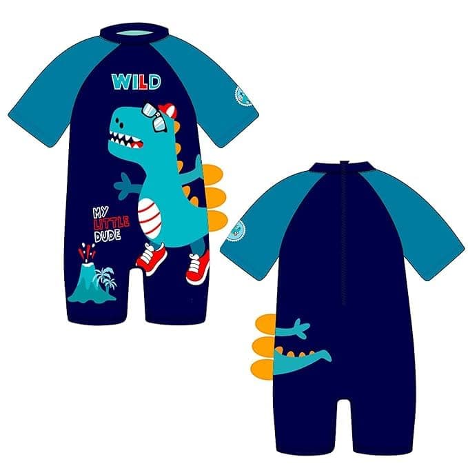 KRESHU Baby Kids Swimwear Suit Set One Piece Zipper Bathing Half Sleeves Swimming Costume Wild Dinosaur Beach Wear Outdoor Water Sports Skating for Toddler Baby Girls Boys (Blue, 4-Years)