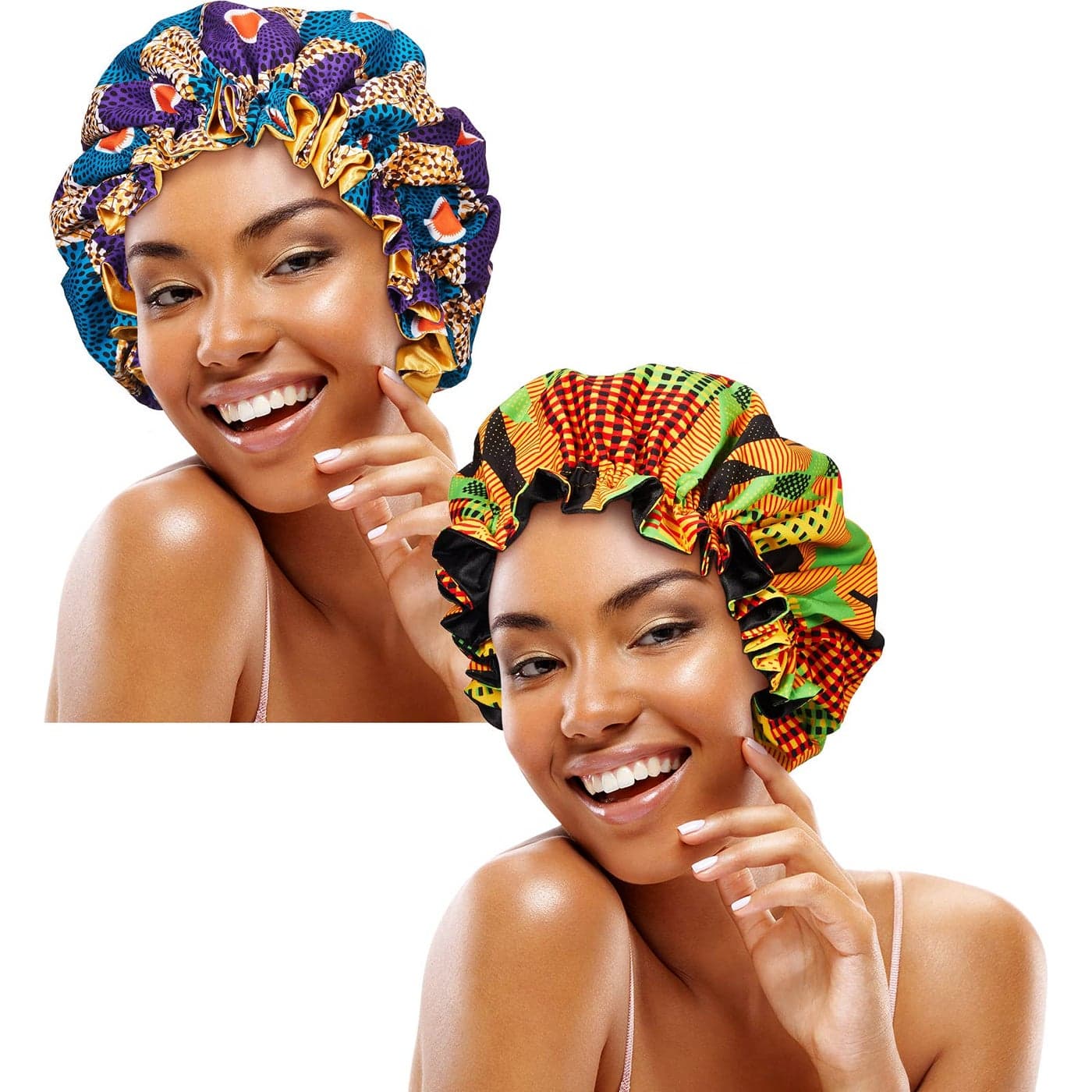 2 Pieces Large Satin Sleep Bonnet African Silky Adjustable Bonnet Sleeping Caps for Curly Hair Black for Girls Women Retro Patterns