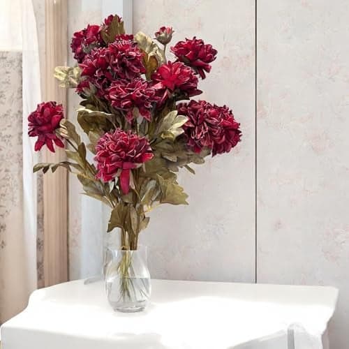Garden Art Pack of 1 Artificial Retro Dahlia Flower Stick with 2 Flower one Bud and Leaves | 68 cm Tall for Home, Office, Party Decoration (GAAFRD-68R) (RED)