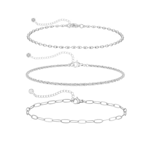 MIDEEO Gold/Silver Ankle Bracelets for Women,14K Gold Anklets for Women Waterproof Cuban Link Heart Beads Herringbone Rhinestone Anklets Set Layered Anklet Bracelets for Women Gold Jewelry Gift