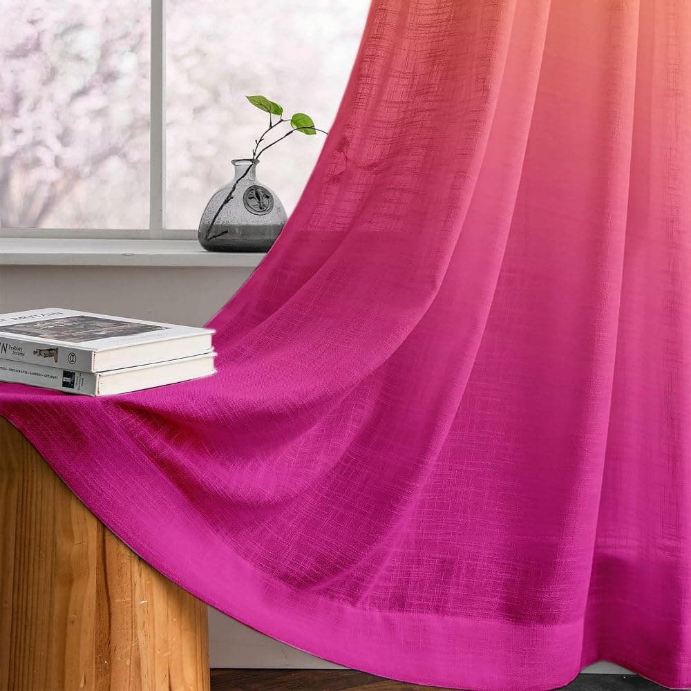 HOMADORN Ombre Printed Linen Textured Sheer Curtains for Living Room Bedroom Dining Room Kitchen Bathroom 8 FEET Orange Pink