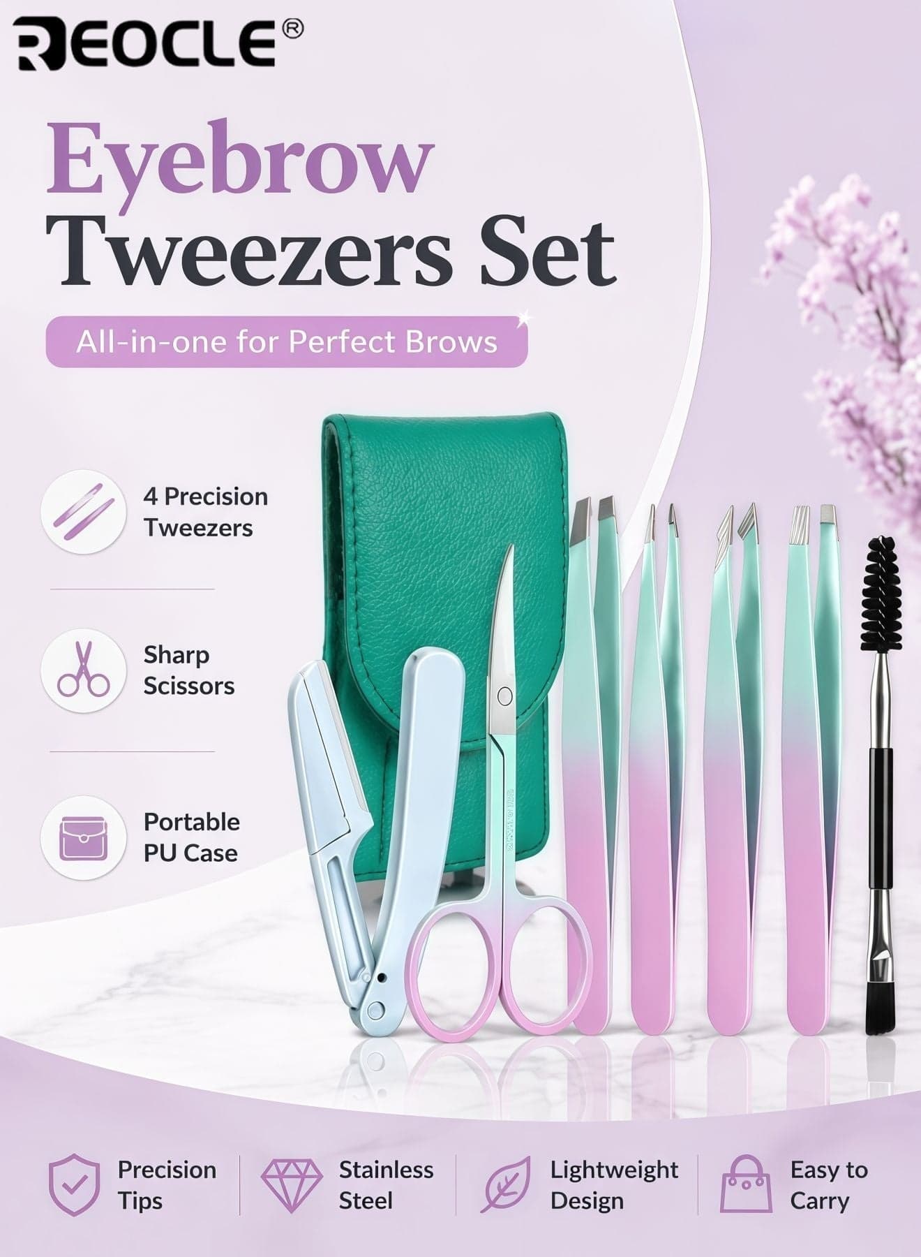 Tweezers Set with Curved Scissors & Leather Travel Case Hair Plucking Eyebrow Tweezers for Eyelash Extension Ingrown Hair Ideal for Daily Beauty Care