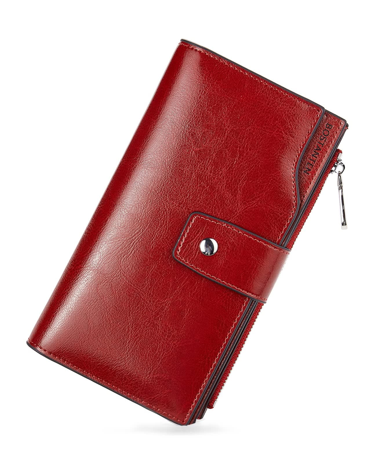 BOSTANTEN Womens Leather Wallets RFID Blocking Large Capacity Credit Card Holder Phone Clutch Rose Red