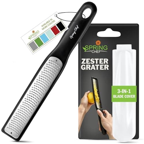 Spring Chef Premium Lemon Zester Grater with Handle - Fruits, Garlic, Chocolate, Nutmeg, Ginger Grater - Heavy Duty Kitchen Tool - Stainless Steel Citrus Zester with Blade Cover - Fine Shred, Black
