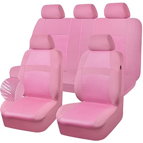 CAR PASS Pink Car Seat Cover Full Sets Air Breath in Summer Mesh Seat Cover 5mm Sponge Airbag Composite Cute for Women Girly Universal Fit SUV Vans sedansTrucks Automotive Interior All Pink