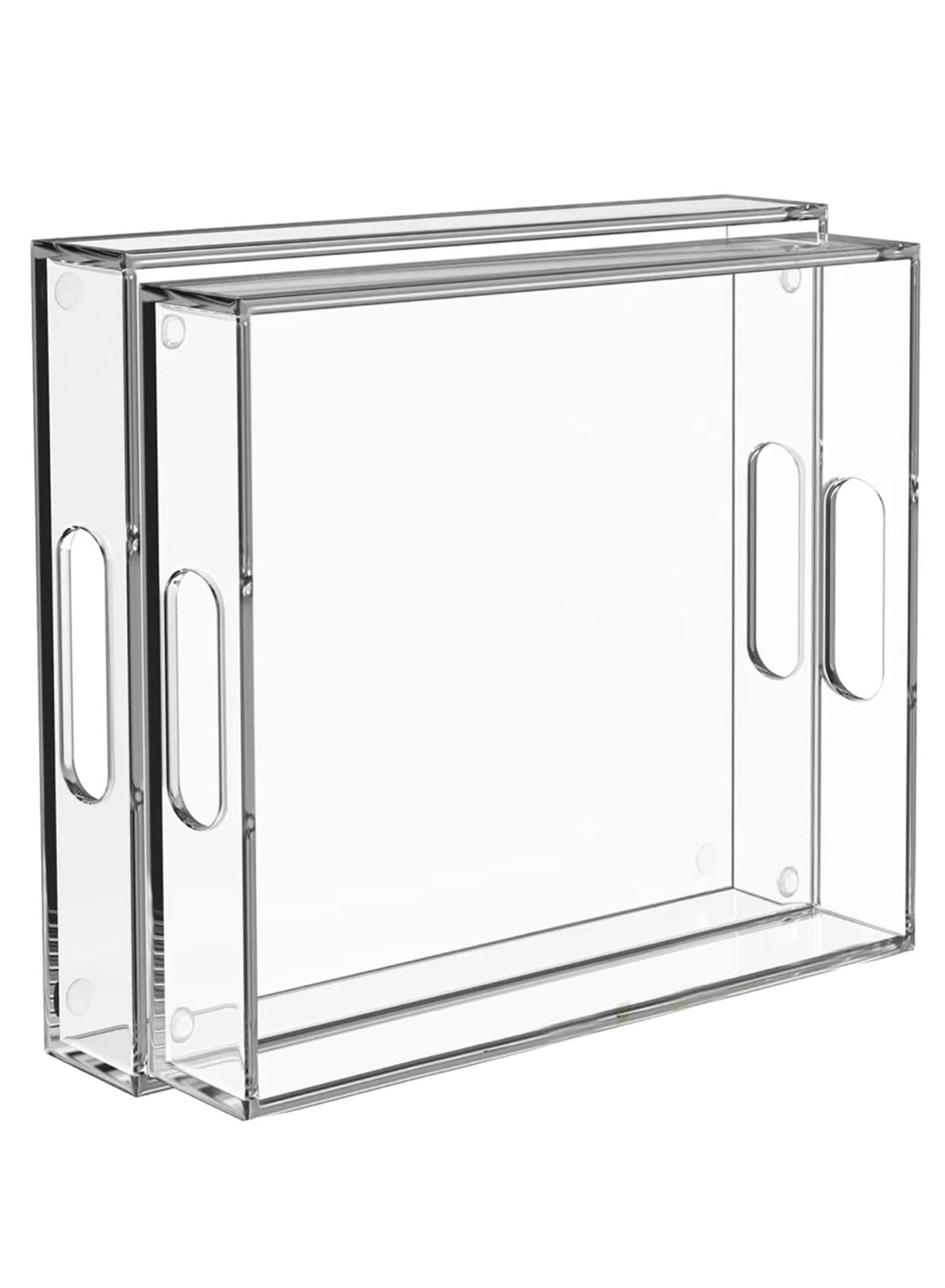 2 Pack Serving Tray with Handles, Clear Acrylic Tray for Serving Food, Large Outdoor Food Trays for Eating, Acrylic Trays for Appetizer, Pizza, Fruit and Drinks, Unbreakable, 16×12 inch+11.2×15.2inch