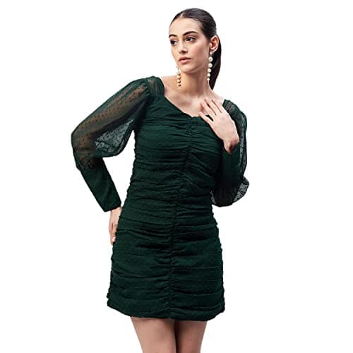 Carlton London Women Casual Green Colour Above Knee Self Design Dress (CL708A_Green_L)