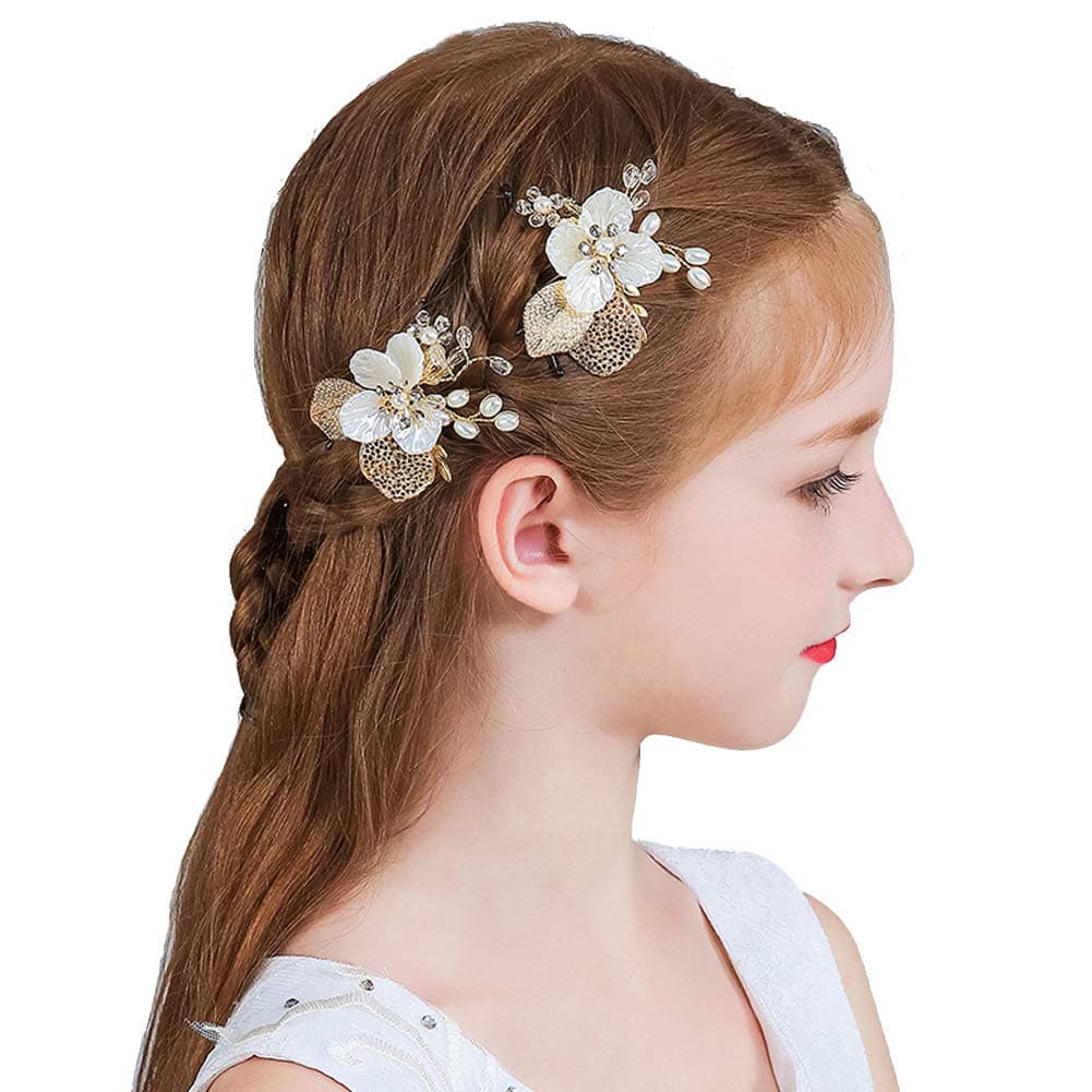 PRDGIRL Wedding Flower Girl Hair Pins Bride Pearl Hair Piece Crystals Hair Clips Bridal Hair Accessories for Women and Girls Pack of 2 Gold