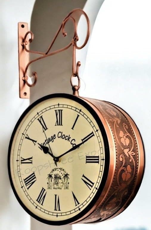 Vintage Clock Iron Handcrafted Double Side Analog Clock with Roman Numbers 1 Year Warranty (10 Inches Size, Rose Gold Finish, Floral Design, VC-65471)