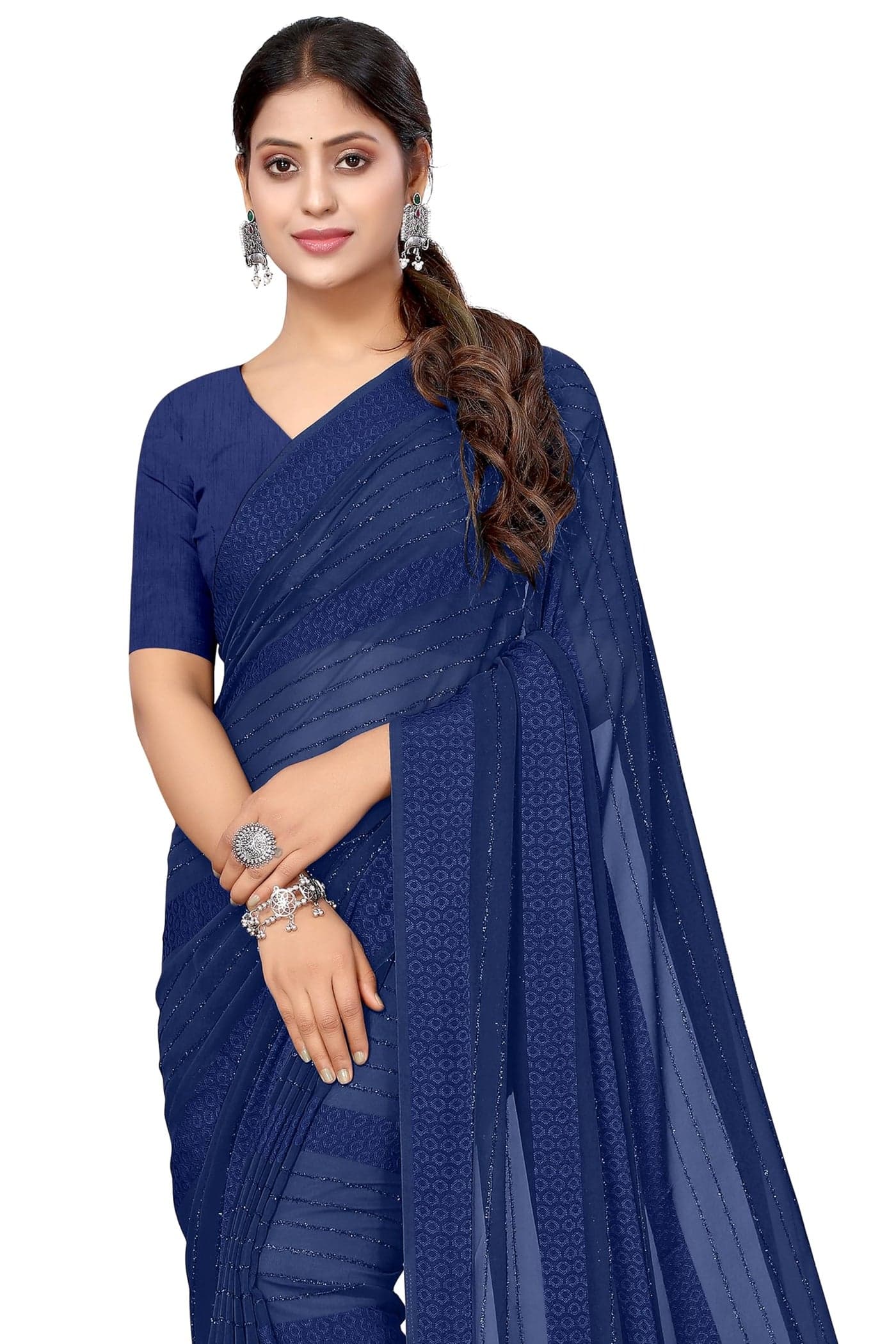 MIRCHI FASHION Women Ready to Wear Georgette Saree with Blouse Piece | Readymade 1 Minute Sarees | Pre Draped Sari (41148-Navy Blue)
