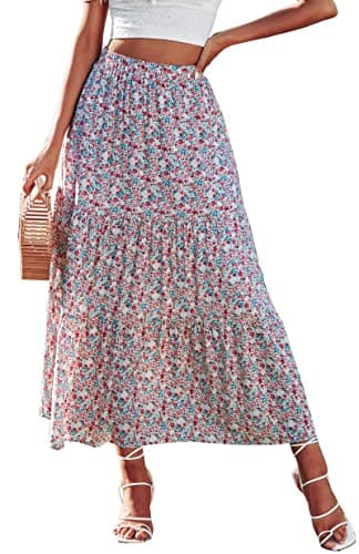KIRUNDO Women's 2025 Fall High Waist Boho Floral Maxi Skirt Trendy Casual Flowy Swing Pleated A Line Beach Long Skirts(Red, Medium)