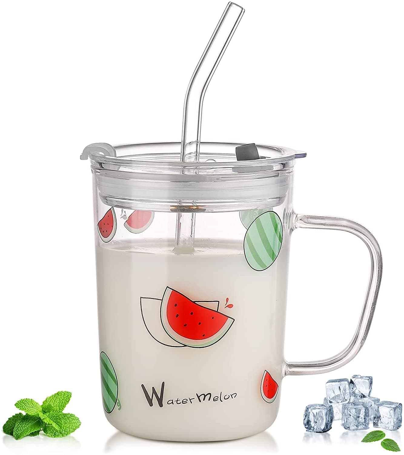 RIOMTRIC Glass Milk Cup With Silicone Straw And Lid Handle MugCup For Kids Juice And Drinking Mug For Milk Coffee Juice Thick Shake Random Design Clear 1 Piece 350 milliliter