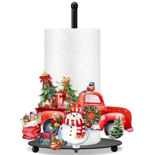MorningRo Christmas Paper Towel Holder Red Truck Countertop Kitchen Decor and Accessories Black Metal Farmhouse Large Tissue Stand Gifts for Christmas Party 3D Hand Painting Pattern Weighted Base
