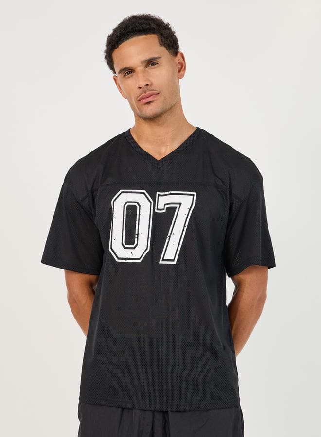 Varsity Print Stretch Oversized T-Shirt With Seam Detail
