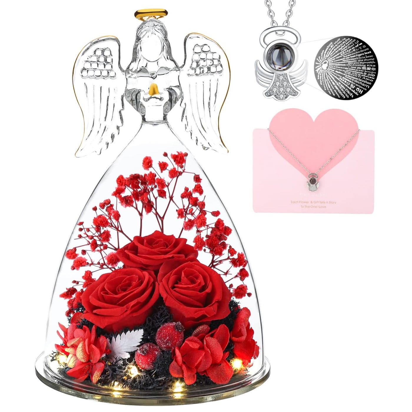 ANWEAO Mothers Day Flowers Gifts for MomPreserved Flowers Rose in Glass Angel FigurinesPreserved Three Red Rose Angel Gifts for Women Grandma Mom GiftBirthday Gifts for Women Wife Sister Her