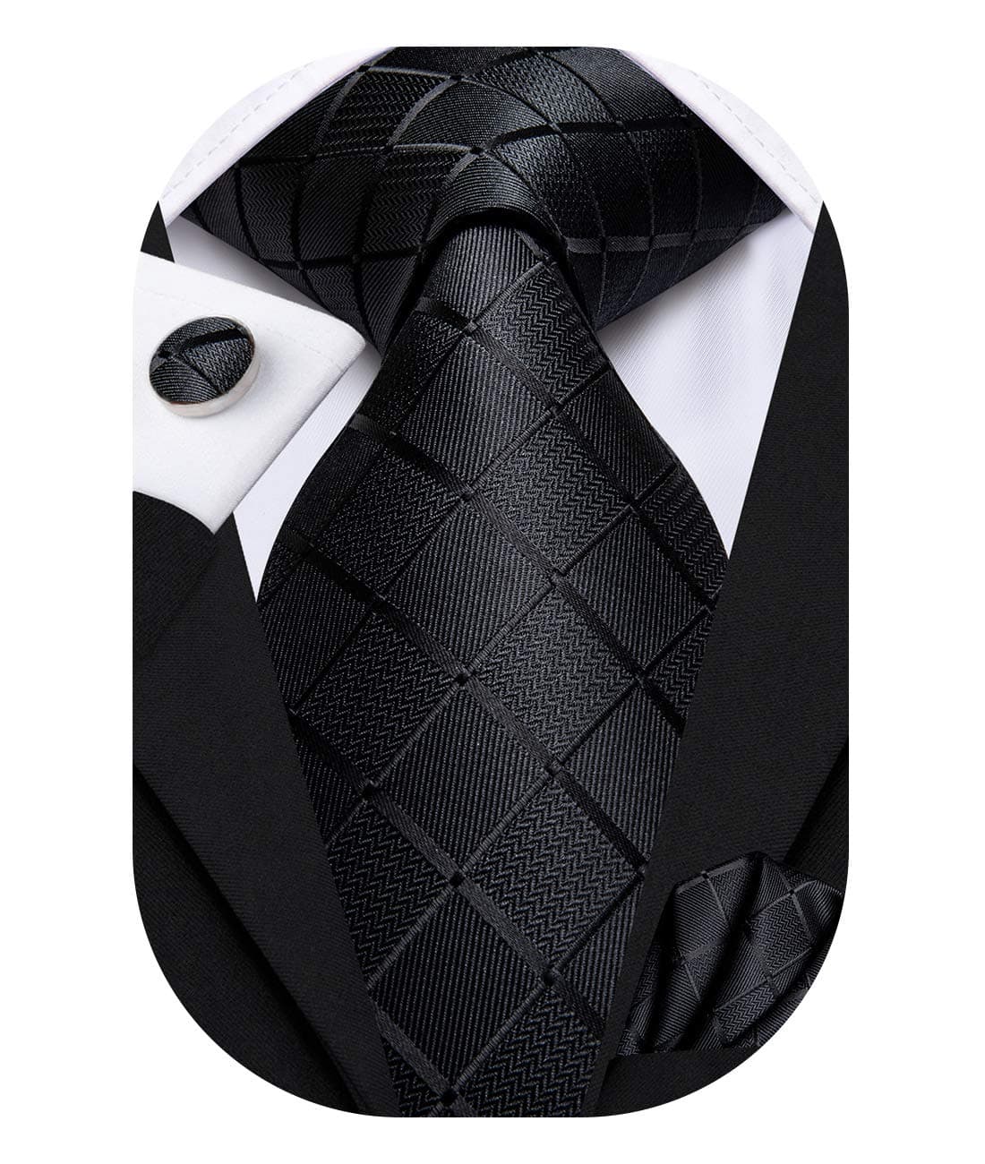 Hi-Tie Mens Plaid Ties Classic Paisley Necktie with Handkerchief Cufflinks Set Business Stripe Tie,A Black