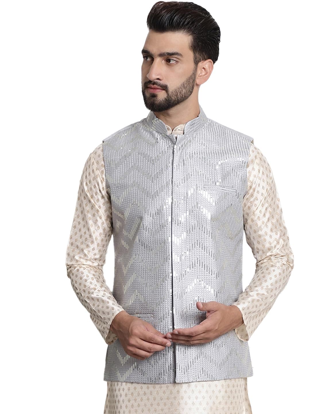 SOJANYA (Since 1958 Men's Silk Blend, Gold Sequence Embroidered Grey Color Nehru Jacket