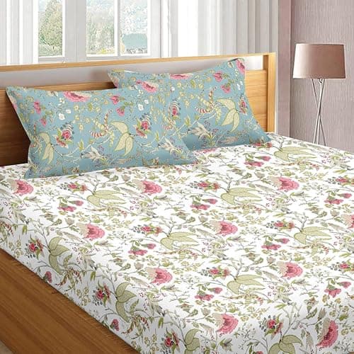 Trance Home Linen 180TC 100% Cotton 78"x78" Elastic Fitted Bedsheet Super King Bed Size | Printed Fitted Sheet | Elasticated Fitted Bedspread with 2 Pillow Covers (78x78 inch, Calicut White Green)
