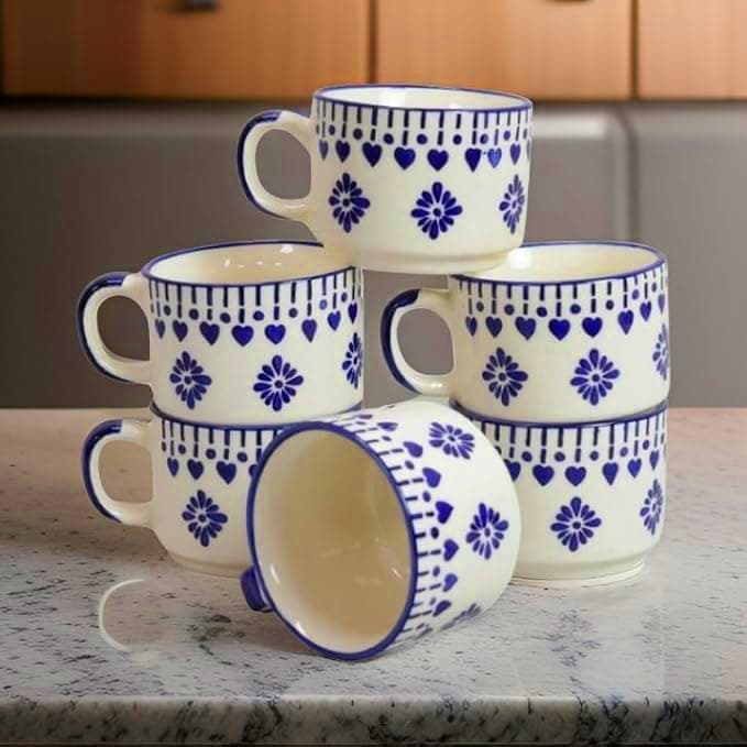 Handmade Ceramic Tea Cup Set of 6 Pcs-150ml | Hanpainted Blue Floral Design Tea/Chai Cup Sets Milk Coffee Mugs Dinnerware Crockery Drinkware|Dishwasher & Microwave Safe | Daily Use & Gifting Item