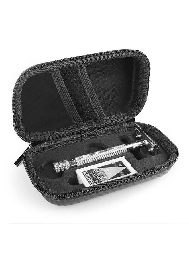 Durable Hard Shell Shaving Travel Case, Storage Box for Short/Long Handled Razor Blades & Accessories, Compatible with Merkur, Vikings, WEISHI Double Edge Safety Razors (Black)
