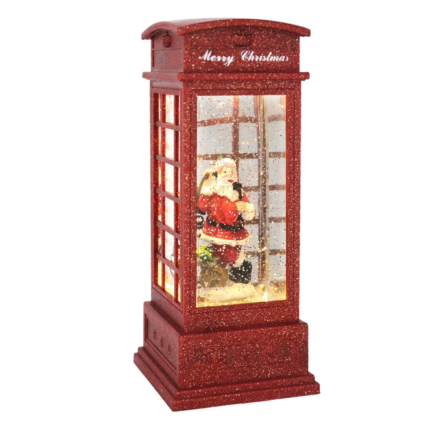 Eldnacele Christmas Snow Globe Lantern Phone Booth Swirling Water Glittering Battery Operated Festicval Ornament with Timer for Christmas Tabletop Centerpiece Home DecorationPhone Booth